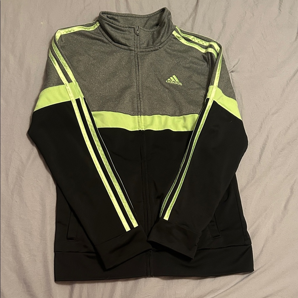 Adidas Kids Jacket - Black Gray and Neon Green Sz L